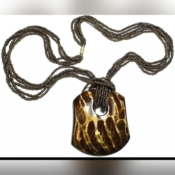Jewelry - Vintage Necklace Seed Bead Multi Strand Animal Print Large Brown 20"